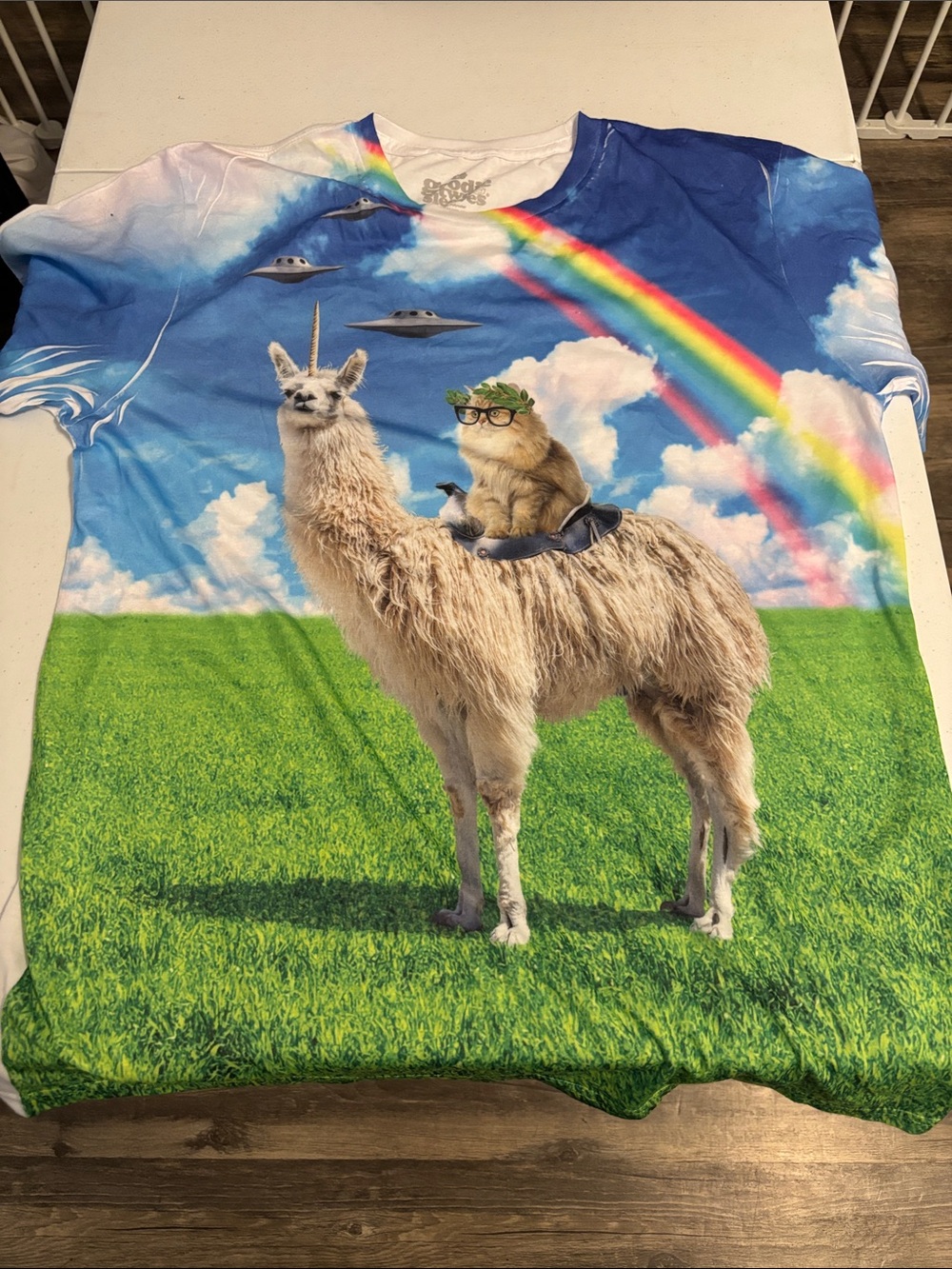Novelty Llama & Cat Rainbow Graphic Tee - Blue/Green